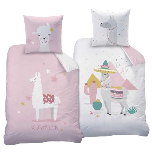 CTI Lama Wende-Bettwäsche 135x200 2-teiliges Set 100% Baumwolle mit Reißverschluss Alpaka Lama Queen Rosa