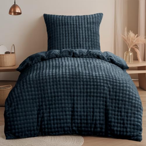 RUIKASI Winter Plüsch Bettwäsche 135x200 2teilig Blau - WarmeKuschelig Weich Flauschige Flanell Fleece Bettwäsche Luxus Wende Bettbezug mit Reißverschluss und 1 Kissenbezug 80x80cm
