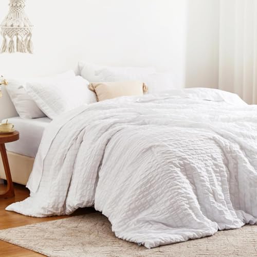 Sedefen Seersucker Bettwäsche 220x240cm Weiß Weiss Unifarben Wende Bettwäsche Set Weiche Doppelbett Sommer Bettbezug 220x240cm und 2 Kissenbezüge 80x80cm mit Reißverschluss