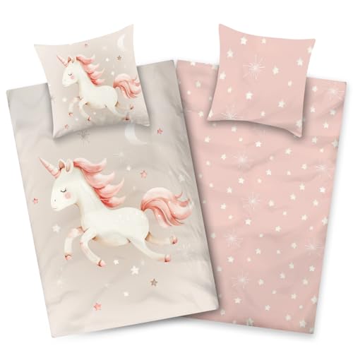 Aminata kids Bettwäsche Kinder 135x200 Mädchen Einhorn Motiv Baumwolle mit Reißverschluss Kinder-Bettwäsche-Set Jugendliche Teenager Einhornbettwäsche rosa grau Sterne Aminata kids Bettwäsche Kinder 135x200 Mädchen Einhorn Motiv Baumwolle mit Reißverschluss Kinder-Bettwäsche-Set Jugendliche Teenager Einhornbettwäsche rosa grau Sterne