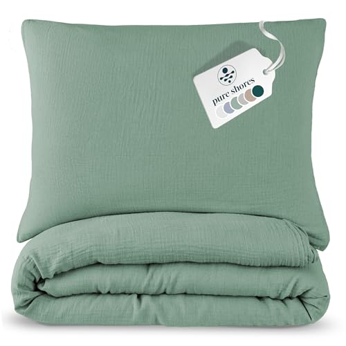 pure shores - Musselin Bettwäsche 135x200 Bio | Bettwäsche Set 100% Baumwolle mit GOTS | Reißverschluss | 1 Kissen 80x80 | Ozean-Grün