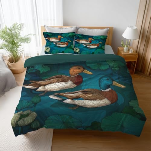 Bettwäsche 135 x 200 cm - Mädchen Blau kinderbettwäsche Knitterfrei 2er Orientalischer Stil Tiere Ente - Microfaser Langlebig Bettbezug 135 x 200 cm mit Reißverschluss und Kissenbezug 80x80 cm