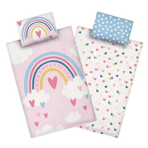 Aminata kids Kinderbettwäsche 100x135 Kinder Mädchen Baumwolle Regenbogen | Wende-Kinder-Bettwäsche- Set Wolke-n Herz-en | YKK Reißverschluss rosa