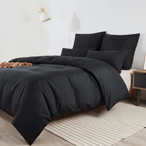 Soifox Bettwäsche 180x200 Schwarz   aus Mikrofaser Bügelfrei & Knitterfrei Bettbezug 180 x 200 Set 80x80 Kissenbezug 2er Set Bettwasche Reißverschluss
