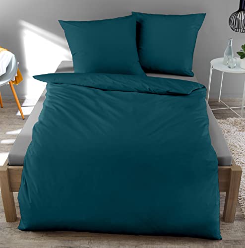 *** Dormisette Mako-Satin Bettwäsche Made in Germany 135x200 80x80 Uni einfarbig mit Reißverschluss (Petrol smaragd grün) ***
