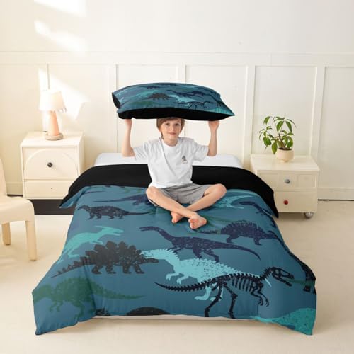 Manfei Wild Dinosaur Kids Daunendecke Set Größe S, Tarnung Dino Tiere Bettwäsche Set, Dino Urzeit Tier Raum Dekoration, Türkis Daunenbezug, 1 Kissenbezug (ohne Daunenbett)