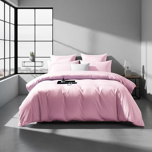 DXHOME Bettwäsche 155x220 Mako Satin Rosa Uni Baumwolle Lyocell Seide Kuschelig 3 Teilig Bettwäsche für Einzelbett mit Reißverschluss und 2 Kissenbezüge 80x80 cm