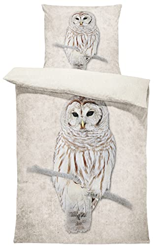 one-home Winter Bettwäsche 135x200 cm Eule beige Natur Wende Warm Flauschig Thermofleece