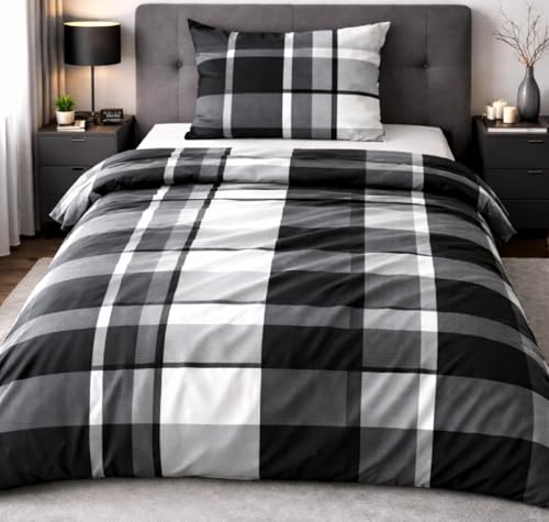 Leonado Vicenti Bettwäsche Set Mikrofaser 2teilig 135x200 cm mit Reißverschluss kariert Ornamente Schwarz Grau Weiss pflegeleicht atmungsaktiv hautfreundlich bügelfrei