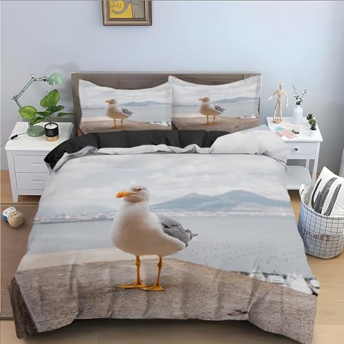 Maritimes Möwen-Motiv Bettwäsche 135x200 Meeresmuster Bettwäsche Set, 3D Bettbezug Set Weich Microfaser Bettbezüge 2 Teilig Vogel Wendebettwäsche für Einzelbett, mit 1 Kissenbezug 121e