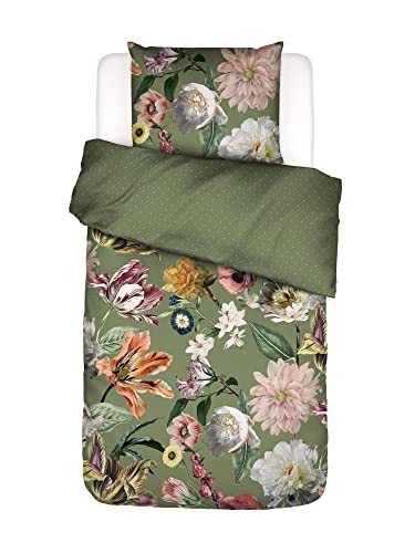 ESSENZA Bettwäsche Filou Forest Green Satin Blumen Blüten Dahlien Tulpen Floral Geblümt Sterne Waldgrün Grün, Größe:155 cm x 220 cm