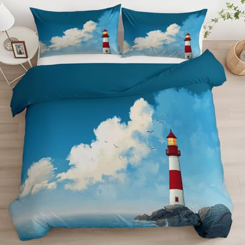Quixora Bettwäsche-Set für Kinder, 155 x 220 cm Bettbezug mit Reißverschluss 2 Kissenbezug, dekoratives Leuchtturm Cartoon-Stil Muster für Mädchen und Jungen Schlafzimmer - Weich und Bügelfrei