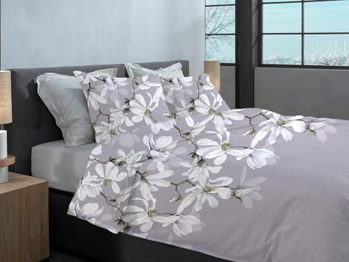 Heckett & Lane Flanell Bettwäsche 135x200 Stacey Purple Magnolie Blüten Flieder weiß