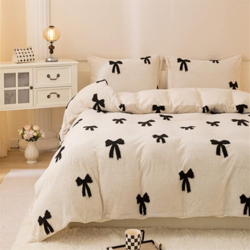 Koudi Plüsch Bettwäsche 135x200cm Winter Warme Flauschig Cashmere Touch Bettbezug Beige Schleife Fleece Winterbettwäsche Set mit Reißverschluss und Kissenbezug 80x80 cm