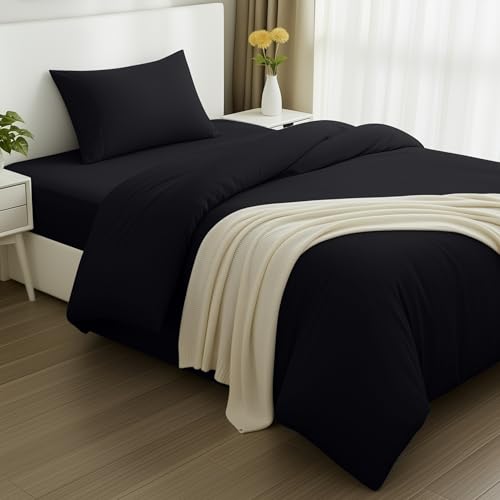Utopia Bedding 3teilig Bettwäsche-Set - Weiches gebürstetes Mikrofaser-Gewebe - Bettbezug (135x200cm), Spannbetttuch (90x190cm) mit Kissenbezug (50x75cm), Schwarz