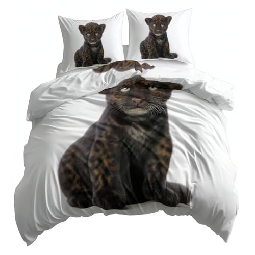 XCQHZYQ Bettwäsche-Sets 200x200 cm Tiere Schwarzer Leopard, Erwachsene Teenager Microfaser Bettbezug Deckenbezug, Weiß Bettwäsche Set mit Reißverschluss und 2 Kissenbezug 80x80 cm