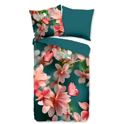 JACK Mikrofaser Wende Bettwäsche 2 TLG. 135x200cm Pure Butterfly Bloom Petrol Pink