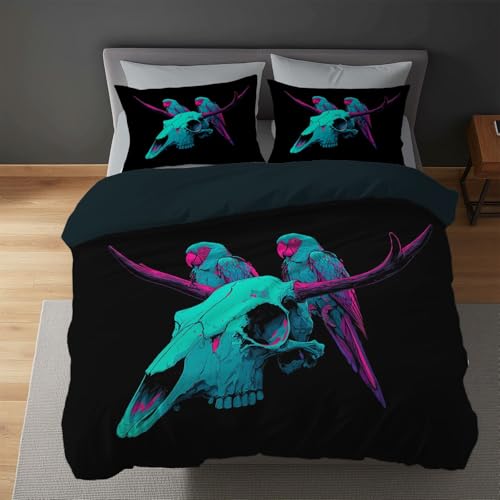 Schwarz Türkis Flauschige Zweiseitig Bettwäsche Set - Totenkopf Hörner Vogel Grotesk - Bettwäsche Kuschlig Weich Bügelfrei Microfaser Schrumpf Bettbezug 200 x 200 mit Reißverschluss