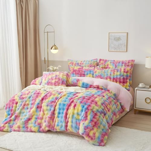 Luowei Plüsch Bettwäsche 135x200 Winter Warm Bunt Kuschelige Flauschig Bettwäsche Luxus Wende Mädchen Bettbezug mit Reißverschluss und Kissenbezug 80x80cm