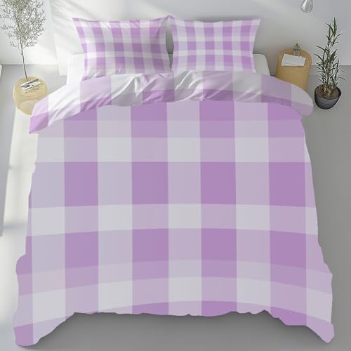 Tyafsgvqo Landhausstil Karomuster Bügelfrei Bettwäsche 135x200 cm, Gingham Büffelkaro Bettbezug 3 Teilig, Lila Kariert Bettwäsche Set Weich Atmungsaktiv, Wendebettwäsche mit 2 Kissenbezug 80x80 cm