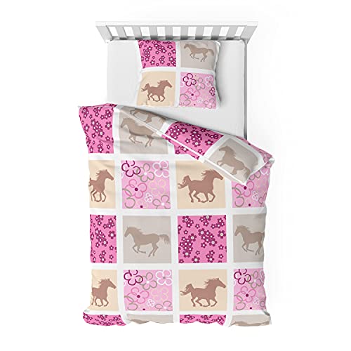 Träumschön Biber Bettwäsche Set 2tlg 135x200 cm + 80x80 cm – Flauschige Kinderbettwäsche Pink – Weiche Winterbettwäsche mit Pferden - Atmungsaktiv, Warm & Hautfreundlich - 100% Baumwolle