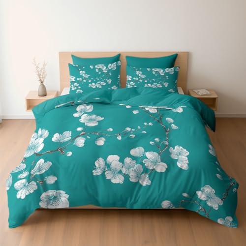 Bettwäsche Set 155 x 220 cm Elegante Kirschenblüte Bettbezug, Weich Gemütlich Türkis Mikrofaser Wendebettwäsche für Jugendliche Kinder, Mädchen, mit Reißverschluss und Kissenbezug, 3er Set