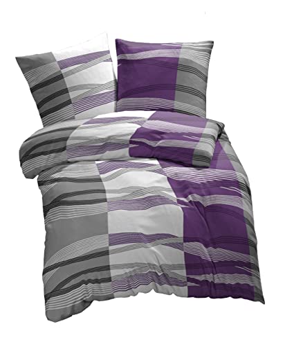 etérea Microfaser Bettwäsche 155x200 2er Set - Ganzjahres Bettbezug - Hunter Gestreift Bettwäsche-Set mit Kissen 155x200cm + 80x80 cm Kissen - Lila