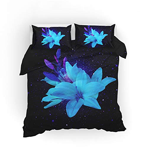 EU-VV Bettwäscheset 3-teilig Fashion Kosmische Pflanzenblume Bettwäscheset Für Kinder Im Teenageralter Biber (220x240cm(1.8M Bed),Blau)