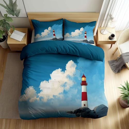 Bettwäsche 135x200 Wachturm Bettbezug Set Weich Mikrofaser Bettwäsche-Sets Meerblick Bettwäsche Set 3 Teilig 3D Druck Bettbezüge mit Reißverschluss und 2 Kissenbezüge D-2942