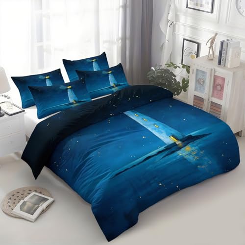CozyRest Bettwäsche Set Doppelbett Wende Atmungsaktive Bettbezug Set, Blau, Ölgemälde Leuchtturm Nachtszene Sterne Muster, Flauschige Bettbezug mit Reißverschluss und 80x80cm Kissenbezug