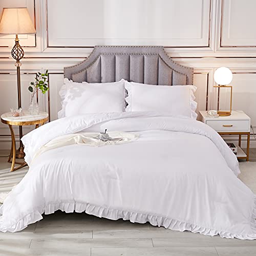 Andency Weißes Rüschen-Bettwäsche-Set für King-Size-Betten (251 x 228 cm), 3-teilig (1 x Rüschen-Decke und 2 Kissenbezüge), Landhaus-Stil, rustikal, weiche Mikrofaser-Daunen-Alterna tiv-Bettwäsche-Set