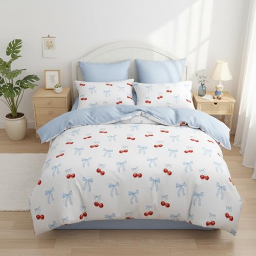 Covebett Bettwäsche 135x200 Mädchen Blau Weiß Schleifen mit Rot Kirschen Aesthetic Bettbezug Set Kinder Kawaii Schleifenmuster Renforcé Microfaser Deckenbezug Reißverschluss und Kissenbezug 80x80cm