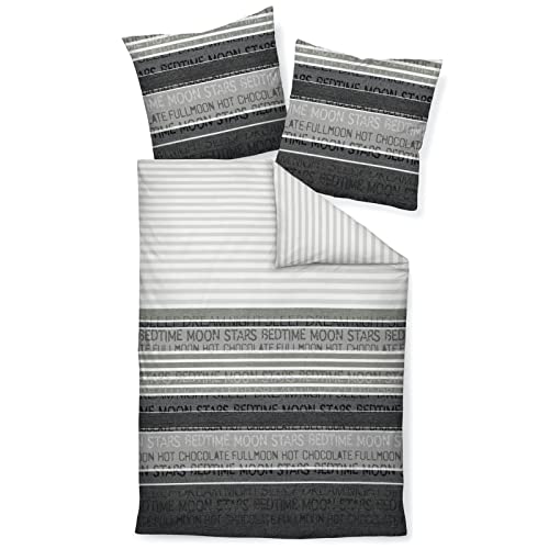 Janine Bettwäsche Palermo Grau Schwarz Streifen Optik Schriftzüge Buchstaben Mako Satin, Größe:135 cm x 200 cm