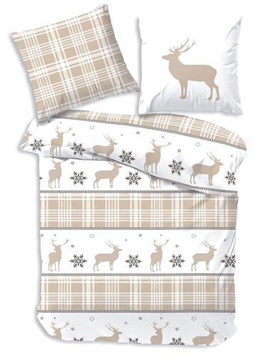 Biber Bettwäsche-Set 135x200 cm Beige Weiß - Flauschige Winterbettwäsche im Landhaus-Stil mit Hirsch- und Elchmotiven, Karo-Design, Sterne & Geweih - Weihnachtsbettwäsche, Bettwäsche Weihnachten Biber Bettwäsche-Set 135x200 cm Beige Weiß - Flauschige Winterbettwäsche im Landhaus-Stil mit Hirsch- und Elchmotiven, Karo-Design, Sterne & Geweih - Weihnachtsbettwäsche, Bettwäsche Weihnachten