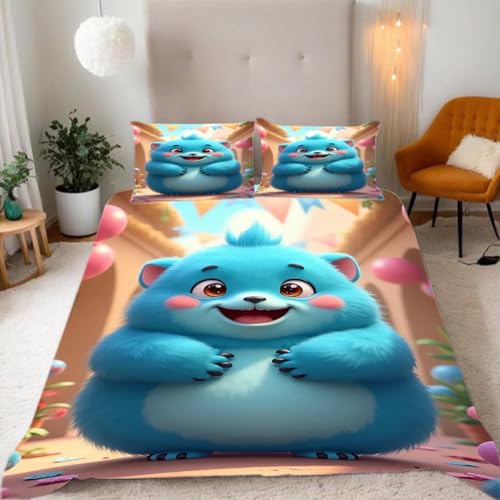 Zbeiba Blue Cartoon Bear Bettwäsche 135x200,Kinder Mikrofaser Bettbezug mit Reißverschluss und 2 Kissenbezüge(135x200+2 * 50x75,#4
