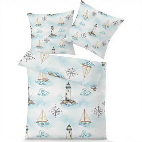 GEDAEUBA Bettwäsche 140x200 Nautisch Maritim - Leuchtturm Kompass Segelboot Bettbezug, Wendebettwäsche und Kissenbezug 70x90, Weiche & Angenehme Mikrofaser Bettwäsche-Sets mit Reißverschluss