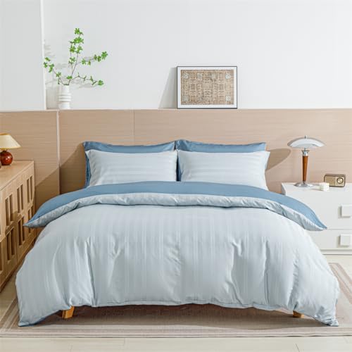 YASMENG Satin Bettwäsche 135x200 Hellblau Gestreifte Bettwäsche Satin Glänzend Luxus Bettbezug-Set Weich Seidig Seide 2 teilig mit Reißverschluss und 80x80 cm Kissenbezug