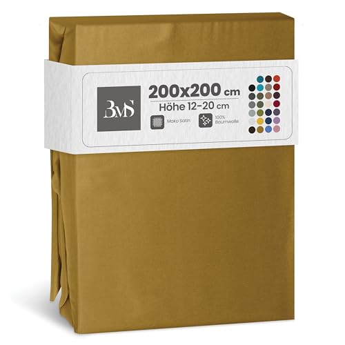 Bettwaesche-mit-Stil Mako Satin Spannbettlaken Spannlaken Spannbetttuch (200 cm x 200 cm, Matratzenhhöhe 12-20 cm, Gold)