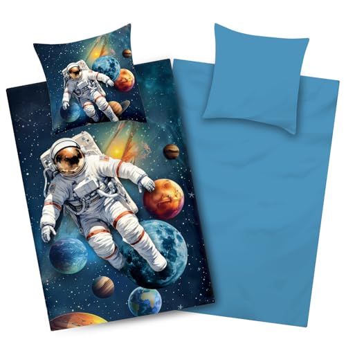 Aminata kids Weltraum Bettwäsche Kinder Jungen - Astronaut Wendebettwäsche 135x200 - Mikrofaser Bettwäsche Set - Planeten & Weltall Design - Blau
