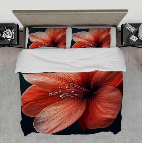 HOBBOY Weiches leichtes Bettwäsche Set 3 teilig Elegante Blumen Rot Hibiskus Druck e Sets Reißverschluss 4 Eckbinder 2 Kissenbezüge 140x200