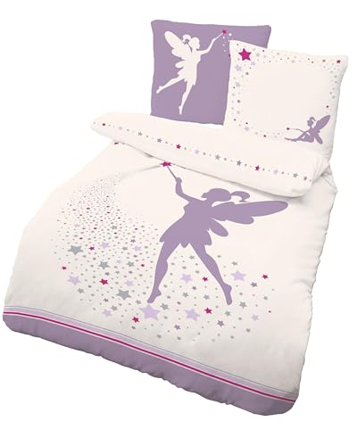 LINKHOFF Bettwäsche 135x200 Kinder Mädchen - Fee Bettwäsche Sterne Flieder - Feen Kinderbettwäsche 135x200 Weiß Violett - Bettbezug aus 100% Baumwolle