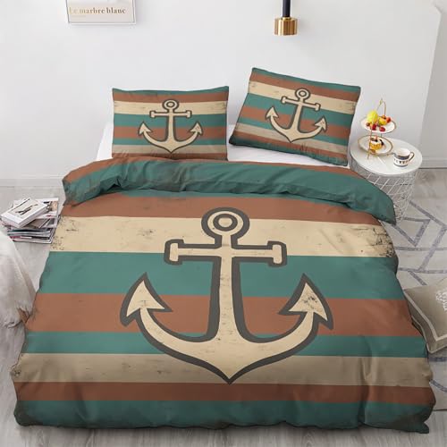 Venivici Anker Bettwäsche 155x220 - Nautisch Vintage Streifen Bettbezug 155x220 3 Teilig, Weiche & Angenehme Mikrofaser Bettbezüge & 2 Kissenbezug 80x80, Bettwäsche-Sets mit Reißverschluss