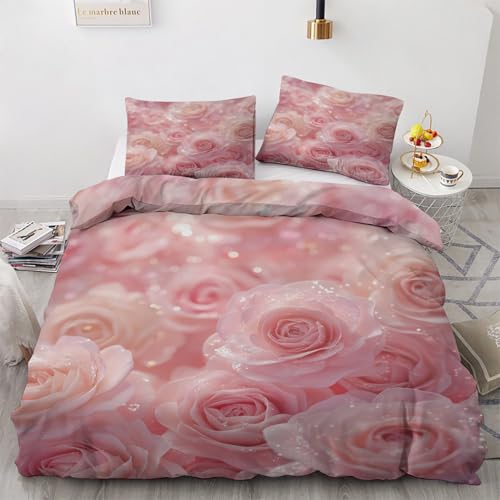 Rosa Rose Bettwäsche 200x220 3teilig, Rosenmuster Bettwäsche-Set 200x220cm, Mikrofaser 1 Wende Bettbezüge 200x220 mit 2 Kissenbezug 80x80cm und Reißverschluss, Weich & Bügelfrei