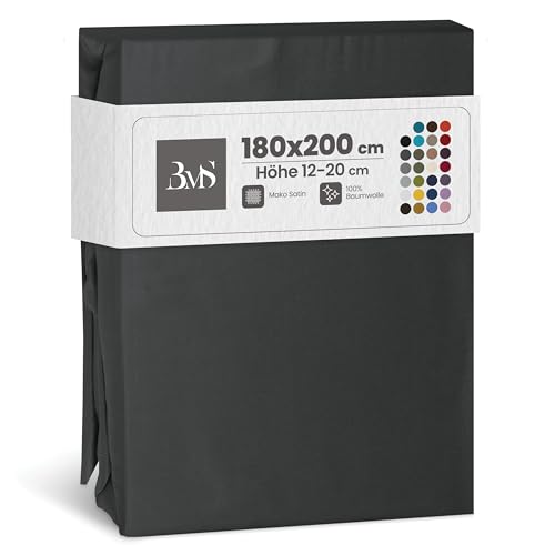 Bettwaesche-mit-Stil Mako Satin Spannbettlaken Spannlaken Spannbetttuch (180 cm x 200 cm, Matratzenhöhe 12-20 cm, Anthrazit)