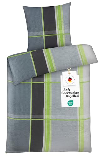 Carpe Sonno Seersucker Bettwäsche 135x200 Mikrofaser | Sommer Bettwäsche Seersucker Bettbezug 135 x 200 Sommerbettwäsche Bettwäsche-Sets Kariert Bügelfreie Bettwäsche Seersucker 135x200 Grau Grün