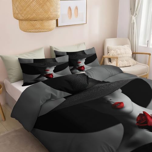 Srigzcaly Elegante Rose Schwarzgekleidete Frau Bettwäsche 240x220 cm, Weiche Mikrofaser Grau Bettbezug mit Reißverschluss für Jungen Mädchen Bettwäsche-Set mit 2 Kissenbezug 80x80cm