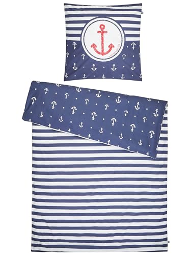 SCHIETWETTER Bettwäsche Anker & Streifen 135x200, 2teilig Bettbezug, Kissenbezug, Bettwäsche-Set, maritimer Wendebezug, 100% Baumwolle Navy OS