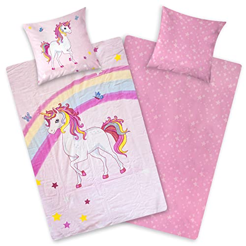 Aminata kids Bettwäsche Einhorn Biber 135x200 Kinder Baumwolle Unicorn-Motiv, Reißverschluss warm & kuschelig, Flanell-Winter-Bettwäsch e-Set - Wendebettwäsche rosa pink