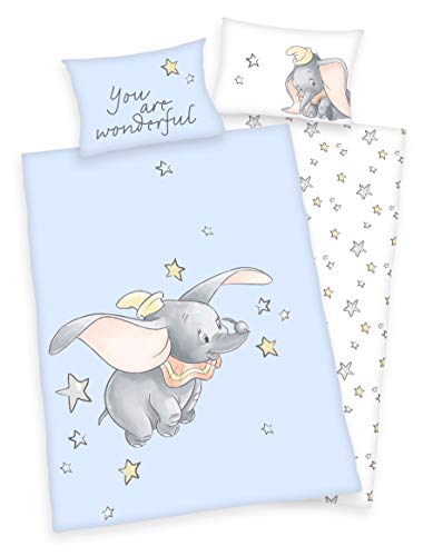Herding Disney's Dumbo Baby-Bettwäsche-Set, Baumwolle, Hellblau, 40 x 60 cm, 100 x 135 cm