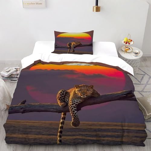 SanLiLLohKi Leoparden-Sonnenuntergang Bettwäsche-Sets 2-teilig Mit Kissenbezügen Vivid Grassland Animal Betten Set Für Jugendliche Kinder Schlafzimmer Single?135x200cm?